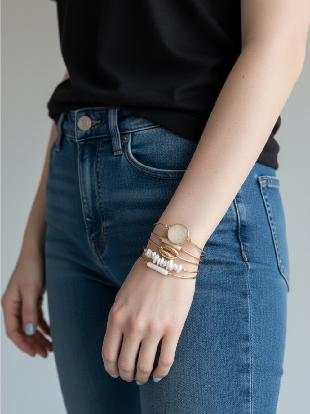 10/15 Gold and White Multi-Row Beaded Cuff Bracelet - Women Jewelry